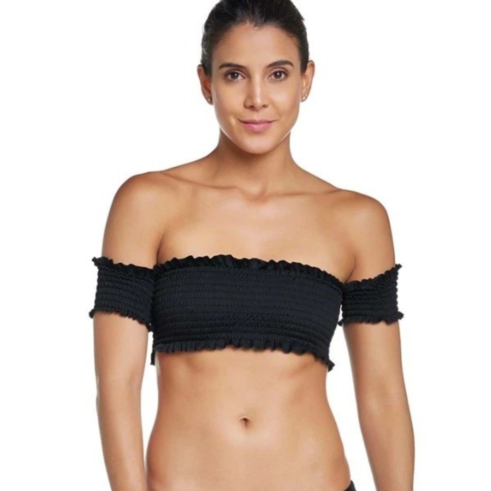 NWT Pilyq S Midnight Gold Black Smocked Shoulder Bikini Top Teeny Bottom 98821